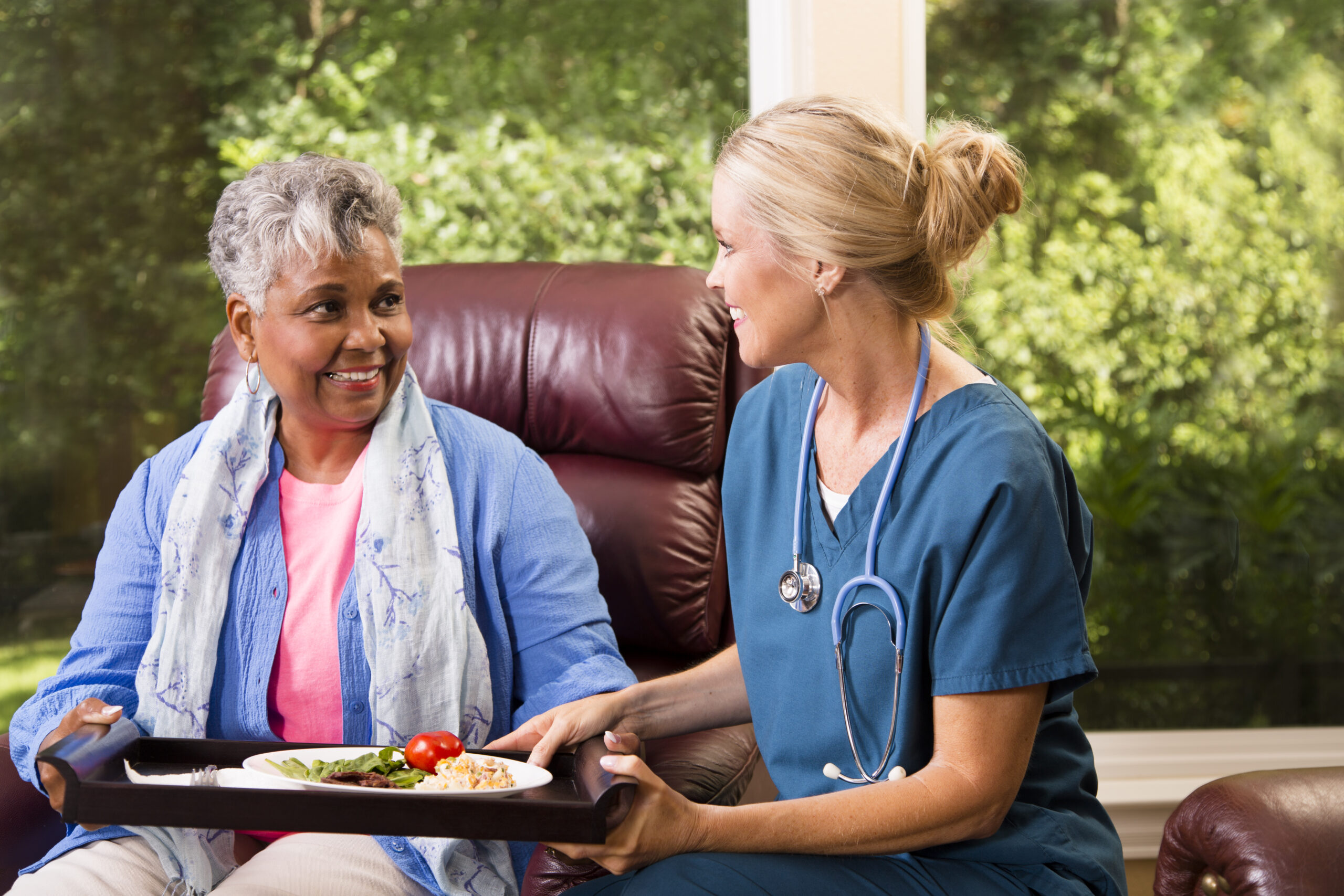 Home healthcare nurse with senior adult patient. Meal.