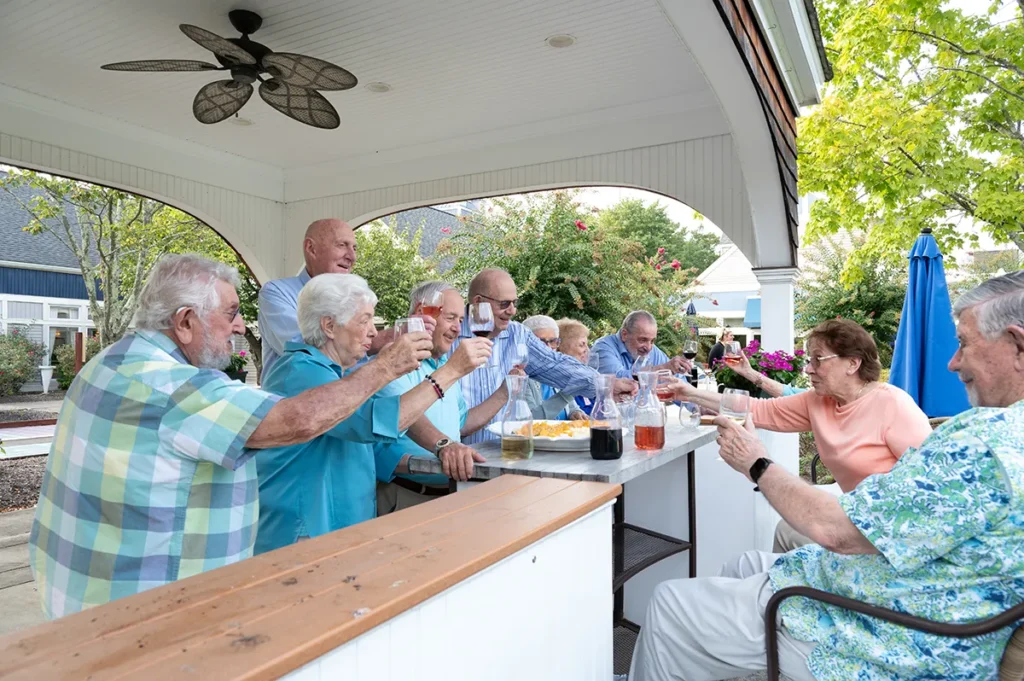 group of friends having drinks at the outside bar